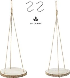 Set Van 2 Boomstam Rond Wandrek Plantenhangers - Boho Jute Houten Plantenrek - Hangpot Voor Binnen/Buiten - Hangende Bloempot Plank - Hangplant Houder - Bohemian Macrame Stijl Wandhanger - Hangplank Plant Hanger - Planthanger - Ø Rond 25-20cm -Tuin En Buiten 1073x1200