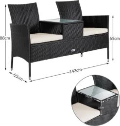 Casaria Polyrattan Tuinbank - Incl. Kussen - 143x55x88 Cm Zwart -Tuin En Buiten 1150x1200