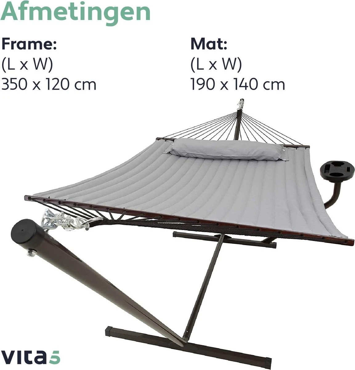 Vita5 Hangmat Met Standaard En Spreidstok – 2 Persoons – Incl. Bekerhouder - Afneembaar Kussen – Uv-bestendig – Lichtgrijs 11 Vita5 Hangmat Met Standaard En Spreidstok – 2 Persoons – Incl. Bekerhouder - Afneembaar Kussen – Uv-bestendig – Lichtgrijs - Afbeelding 9