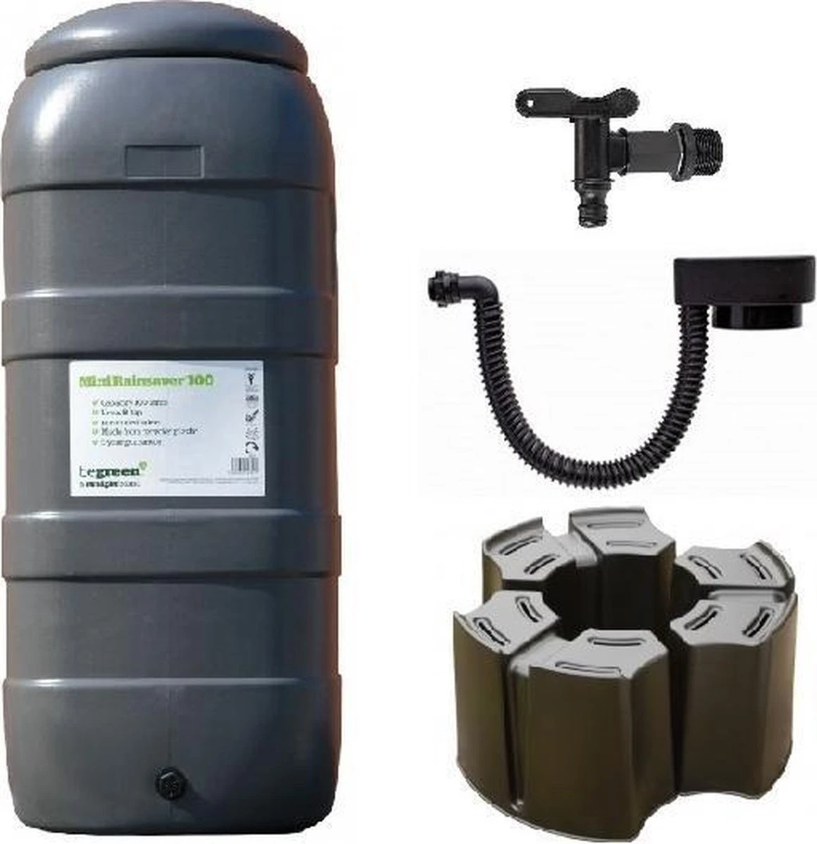 Luxe Voordeelset 100L Antraciet Rainsaver Regenton + Kraan + Voet + Vulautomaat| Muurmodel 3 Luxe Voordeelset 100L Antraciet Rainsaver Regenton + Kraan + Voet + Vulautomaat| Muurmodel