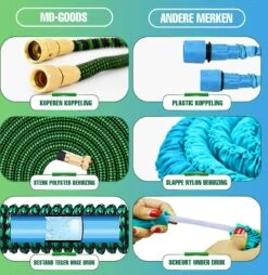 MD-Goods ® Super Sterk Uitrekbare Tuinslang Tot 30 Meter + GRATIS Tas En Koppelstuk - Tuinsproeier - Tuin Besproeien - Waterslang - Sproeikop - Groen - Flexibel Elastisch -Tuin En Buiten 1169x1200