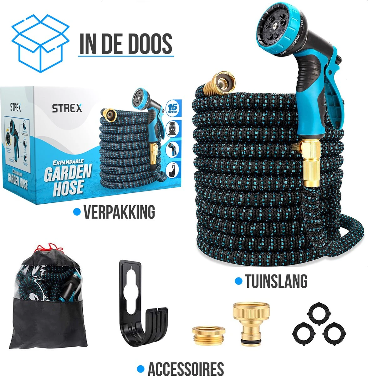 Strex Flexibele Tuinslang 15M Met Sproeikop - Uitrekbaar - Incl. Koppelingen, Ophanghaak & Opbergzak 10 Strex Flexibele Tuinslang 15M Met Sproeikop - Uitrekbaar - Incl. Koppelingen, Ophanghaak & Opbergzak - Afbeelding 8