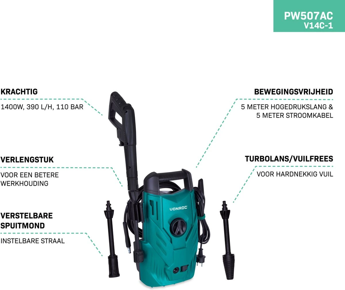 VONROC Hogedrukreiniger V14C-1 - 1400W – 110 Bar – 390 L/h – Compact - Incl. 5m Slang, Spuitstukken En Accessoires 5 VONROC Hogedrukreiniger V14C-1 - 1400W – 110 Bar – 390 L/h – Compact - Incl. 5m Slang, Spuitstukken En Accessoires - Afbeelding 3
