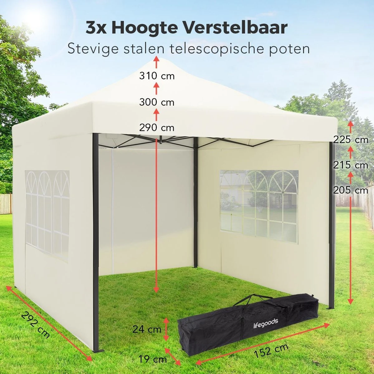 LifeGoods Partytent - 3x3 M - Zijwanden - Easy Up - Opvouwbaar - Waterdicht - Draagtas Met Wieltjes - Beige 5 LifeGoods Partytent - 3x3 M - Zijwanden - Easy Up - Opvouwbaar - Waterdicht - Draagtas Met Wieltjes - Beige - Afbeelding 3
