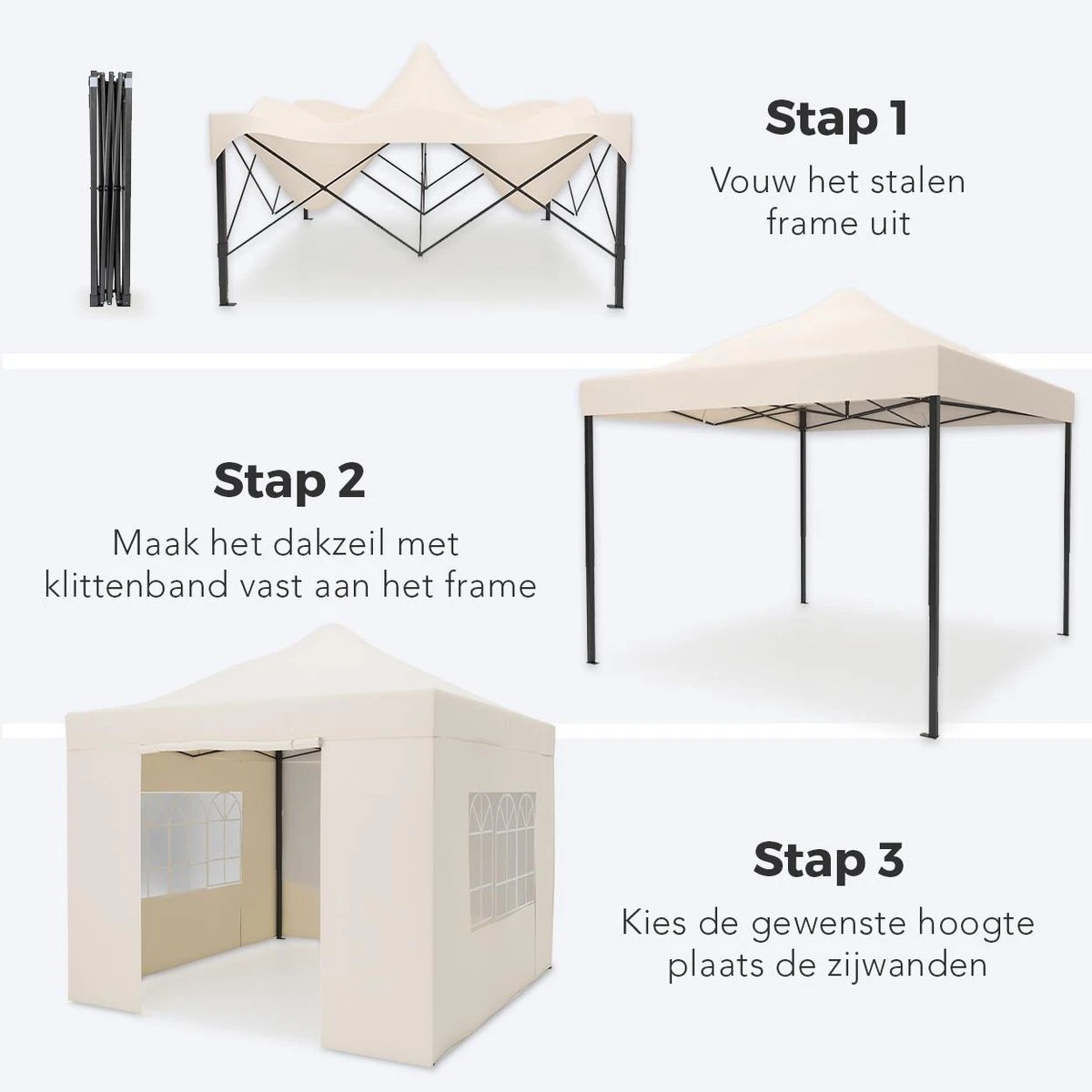 LifeGoods Partytent - 3x3 M - Zijwanden - Easy Up - Opvouwbaar - Waterdicht - Draagtas Met Wieltjes - Beige 6 LifeGoods Partytent - 3x3 M - Zijwanden - Easy Up - Opvouwbaar - Waterdicht - Draagtas Met Wieltjes - Beige - Afbeelding 4