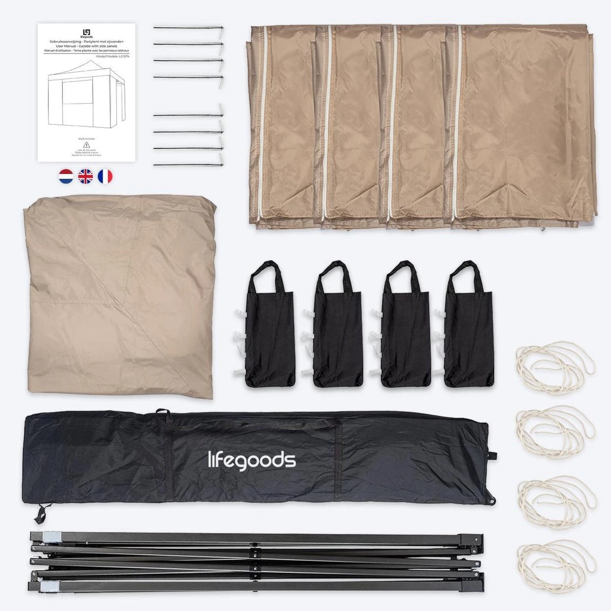 LifeGoods Partytent - 3x3 M - Zijwanden - Easy Up - Opvouwbaar - Waterdicht - Draagtas Met Wieltjes - Beige 13 LifeGoods Partytent - 3x3 M - Zijwanden - Easy Up - Opvouwbaar - Waterdicht - Draagtas Met Wieltjes - Beige - Afbeelding 11