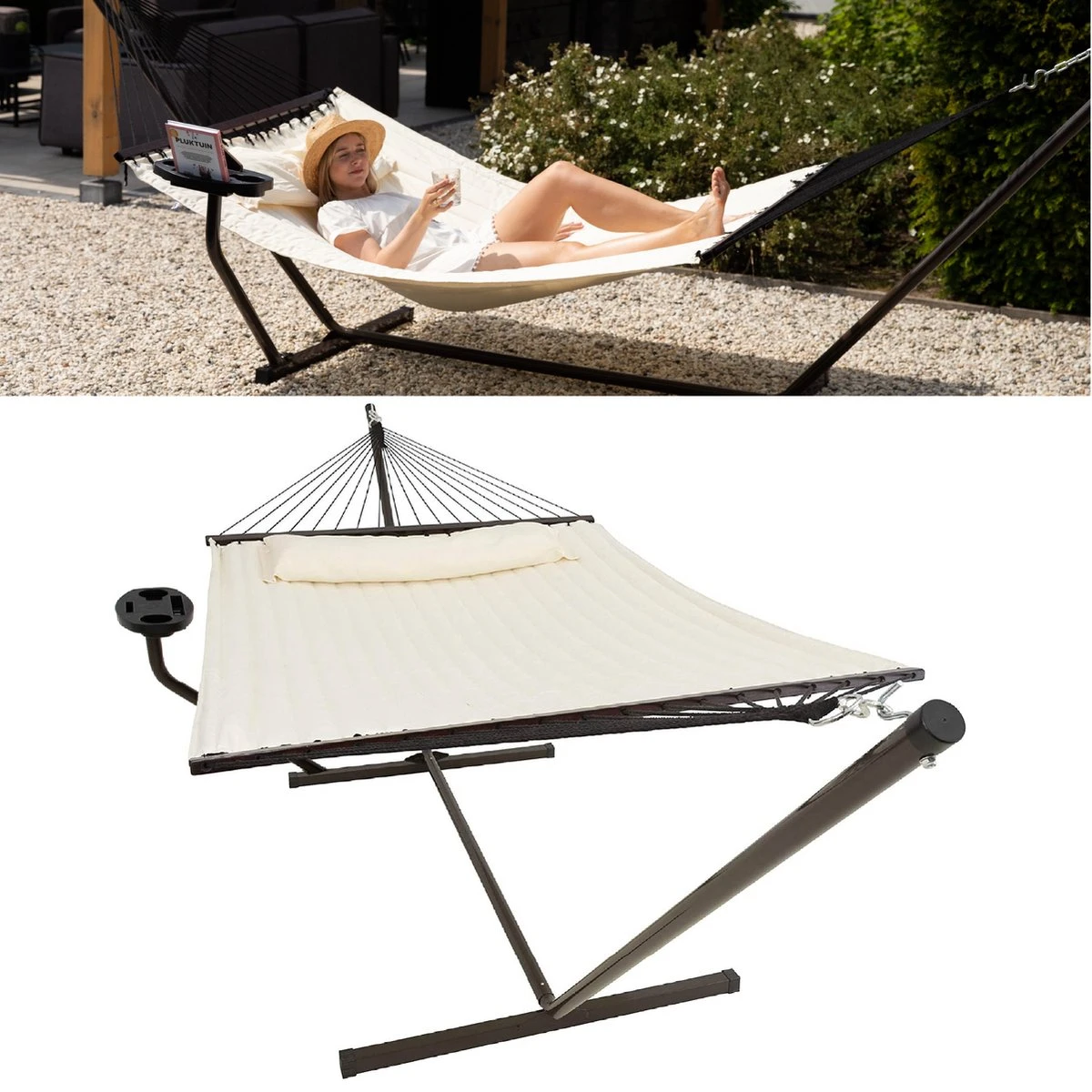 Vita5 Hangmat Met Standaard En Spreidstok – 2 Persoons – Incl. Bekerhouder - Afneembaar Kussen – Uv-bestendig – Beige 3 Vita5 Hangmat Met Standaard En Spreidstok – 2 Persoons – Incl. Bekerhouder - Afneembaar Kussen – Uv-bestendig – Beige