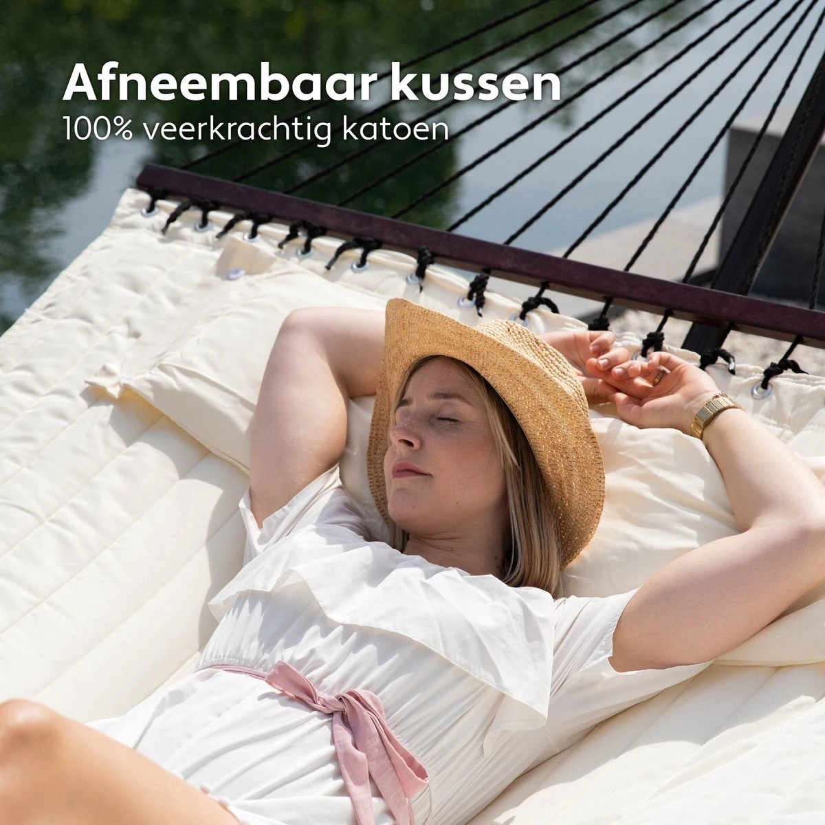 Vita5 Hangmat Met Standaard En Spreidstok – 2 Persoons – Incl. Bekerhouder - Afneembaar Kussen – Uv-bestendig – Beige 7 Vita5 Hangmat Met Standaard En Spreidstok – 2 Persoons – Incl. Bekerhouder - Afneembaar Kussen – Uv-bestendig – Beige - Afbeelding 5