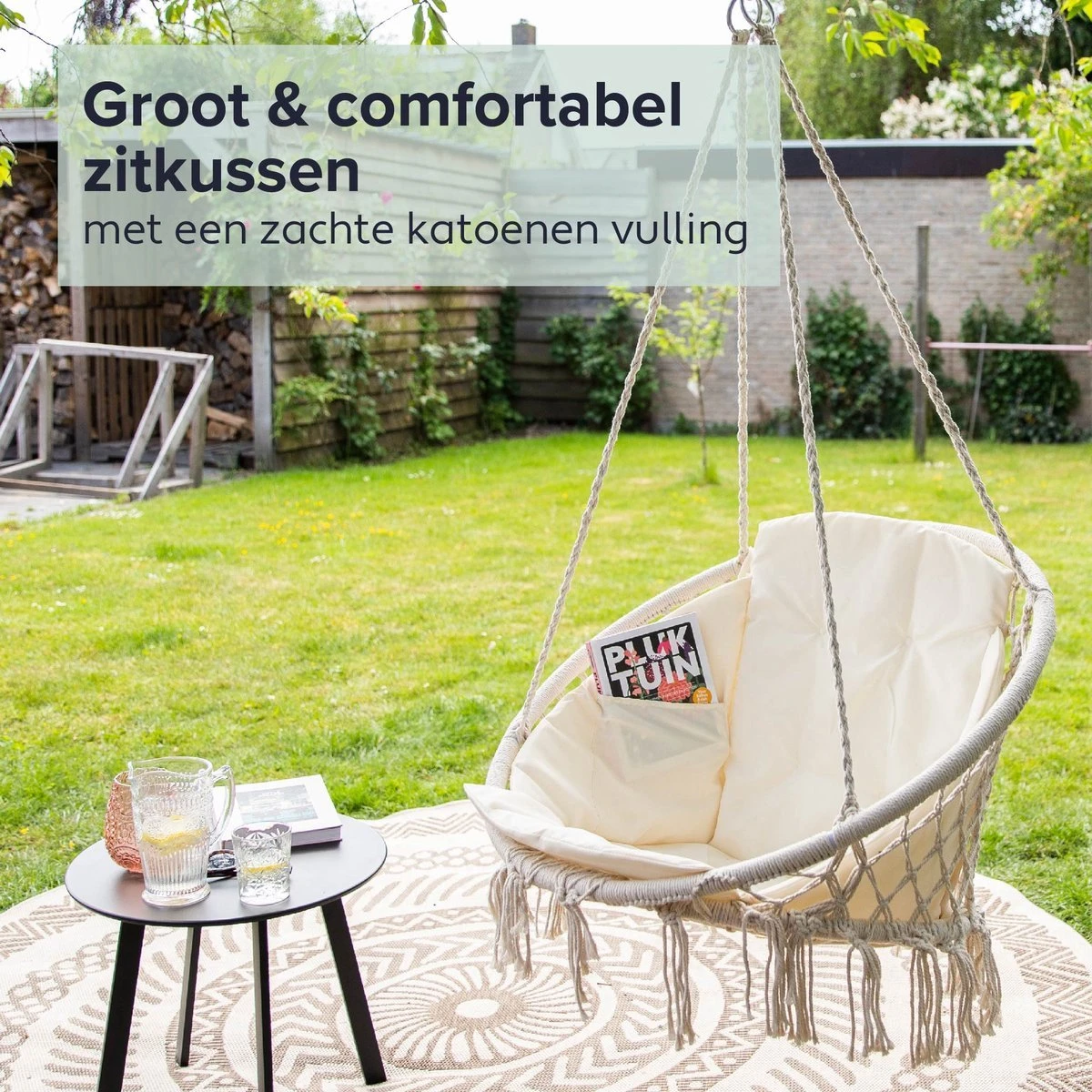 Vita5 Macramé Hangstoel - Voor Binnen En Buiten - Zonder Standaard - Incl. Kussen, Boekenvak En Beschermhoes - Tot 150kg - Beige 9 Vita5 Macramé Hangstoel - Voor Binnen En Buiten - Zonder Standaard - Incl. Kussen, Boekenvak En Beschermhoes - Tot 150kg - Beige - Afbeelding 7