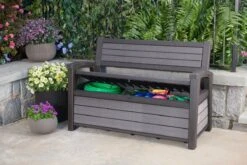 Keter - Hudson Bench Box - 2-zits Bank - Opbergbox - Hout Look & Feel - 227L - 138x63x89cm - Antraciet -Tuin En Buiten 1200x800 57