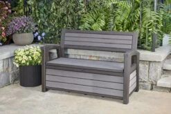 Keter - Hudson Bench Box - 2-zits Bank - Opbergbox - Hout Look & Feel - 227L - 138x63x89cm - Antraciet -Tuin En Buiten 1200x800 58