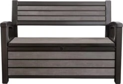 Keter - Hudson Bench Box - 2-zits Bank - Opbergbox - Hout Look & Feel - 227L - 138x63x89cm - Antraciet -Tuin En Buiten 1200x822