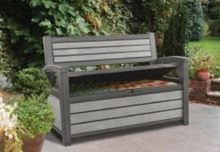 Keter - Hudson Bench Box - 2-zits Bank - Opbergbox - Hout Look & Feel - 227L - 138x63x89cm - Antraciet -Tuin En Buiten 1200x832
