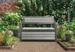 Keter - Hudson Bench Box - 2-zits Bank - Opbergbox - Hout Look & Feel - 227L - 138x63x89cm - Antraciet -Tuin En Buiten 1200x841