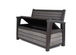 Keter - Hudson Bench Box - 2-zits Bank - Opbergbox - Hout Look & Feel - 227L - 138x63x89cm - Antraciet -Tuin En Buiten 1200x873 1