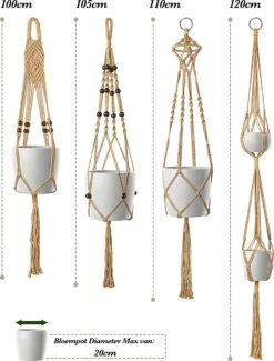 4 Stuks Luxe Jute Plantenhangers - Boho Handgeweven Katoen Hangpot Voor Binnen/Buiten - Hangende Bloempot Met Kralen - Macramé Touw/Koord Hangplant Houder - Bohemian Wandhanger Decoratie - Plant Hanger - Verticale Tuin Bloempothouder Planthanger -Tuin En Buiten 913x1200
